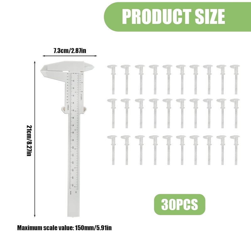 TNJPSEK 30 Pack Plastic Vernier Caliper, 150mm Mini Sliding Ruler Gauge, Disposable Plastic Caliper Measuring Tool for Students DIY Crafts School Office Tattoo Eyebrow Artists (White, 0-6"/0-150mm) - Image 2
